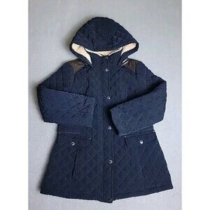 Laundry Shelli Segal Quilted Jacket Womens PL Navy Blue Sherpa Fleece Lined Hood
